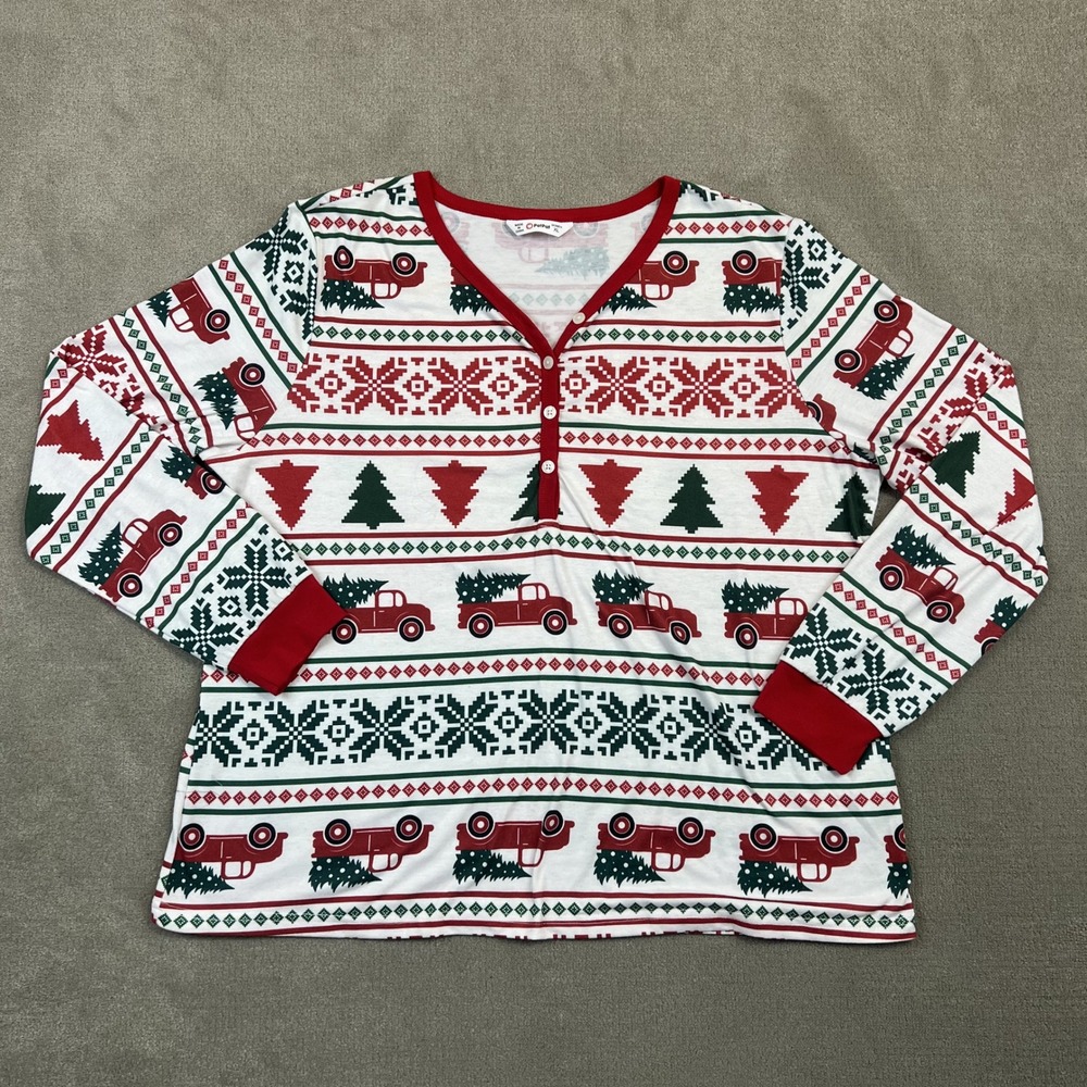 PatPat Christmas Pajama Top Women XL Red Truck Fair Isle Henley Holiday Shirt